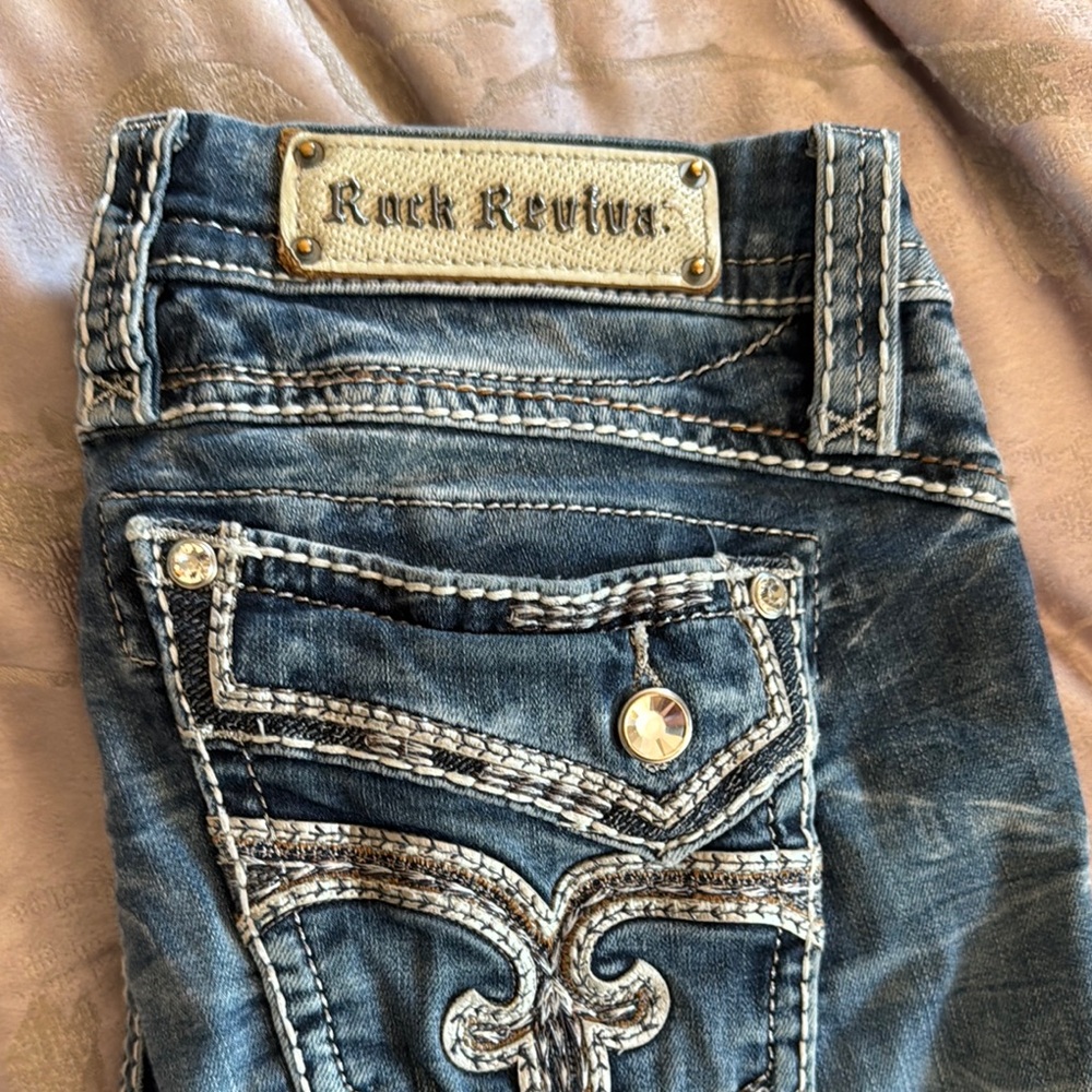 Rock Revival Blue Jeans with Ornate Stitching